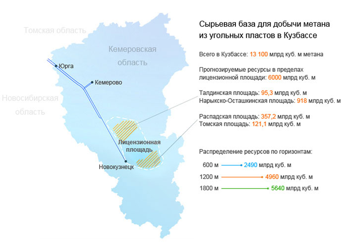 Карта сырьевой базы для добычи метана из угольных пластов в Кузбассе