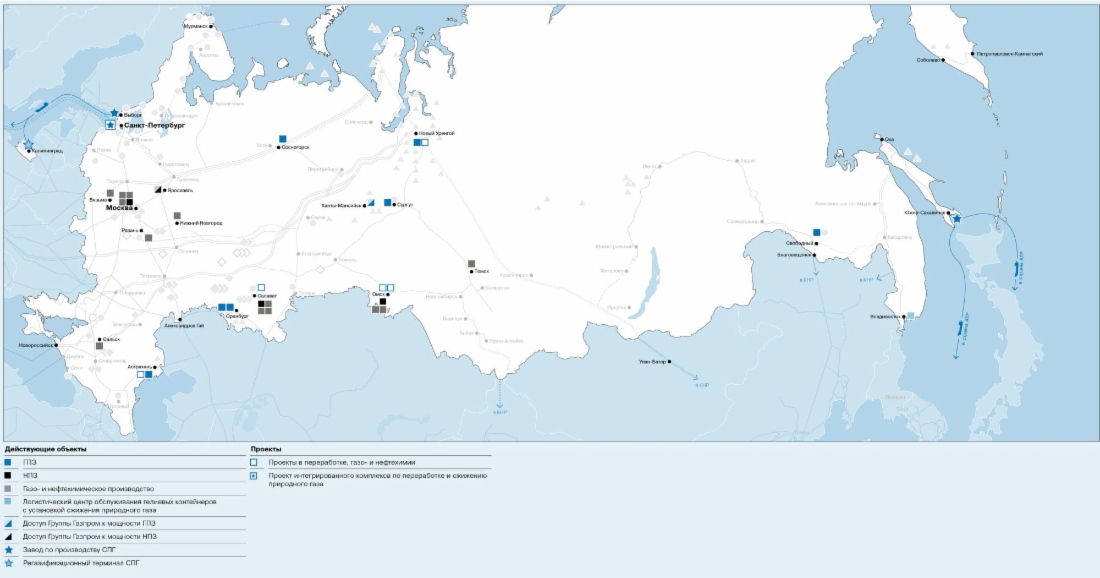 Переработка углеводородного сырья, газо- и нефтехимии, производство и регазификация СПГ по состоянию на 31 декабря 2023 года