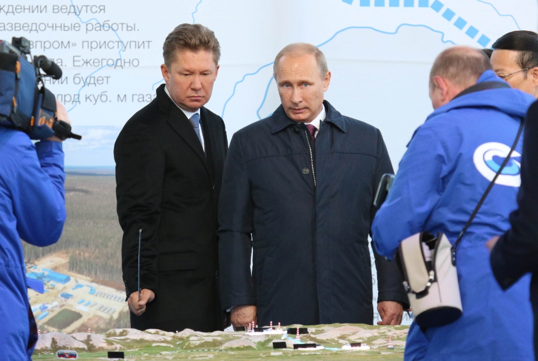 Алексей Миллер и Владимир Путин во время торжественных мероприятий, посвященных сварке первого стыка газотранспортной системы «Сила Сибири»