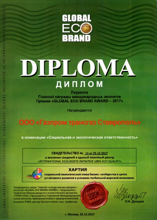 Диплом лауреата Международной премии Global Eco Brand Award-2017