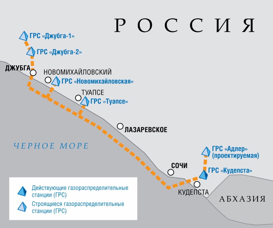 Схема газопровода «Джубга — Лазаревское — Сочи»