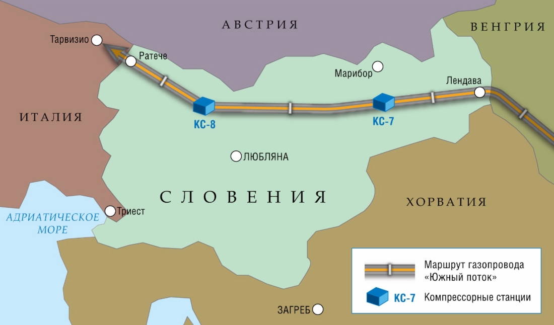 Схема проекта «Южный поток» на территории Словении