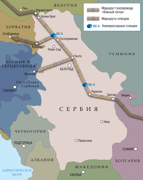 Схема проекта «Южный поток» на территории Сербии