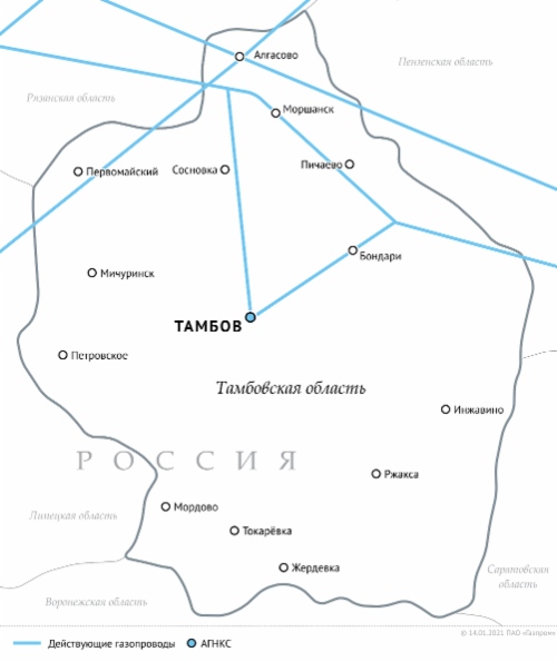 Схема магистральных газопроводов в Тамбовской области