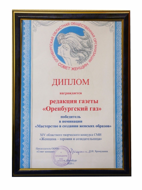 Диплом победителя в номинации «Мастерство в создании женских образов» XIV Областного творческого конкурса СМИ «Женщина — героиня и созидательница»