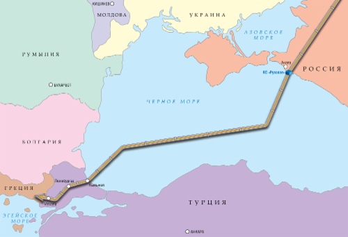 Схема планируемой трассы газопровода из России в направлении Турции