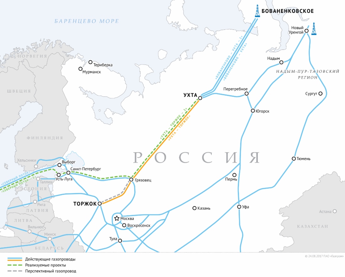 Схема газопроводов «Ухта — Торжок» и «Ухта — Торжок — 2»