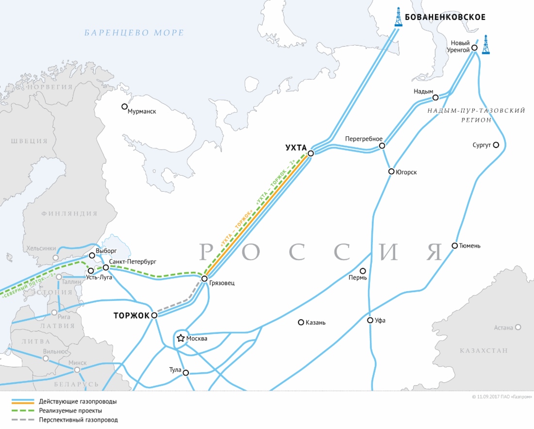 Схема газопроводов «Ухта — Торжок» и «Ухта — Торжок — 2»