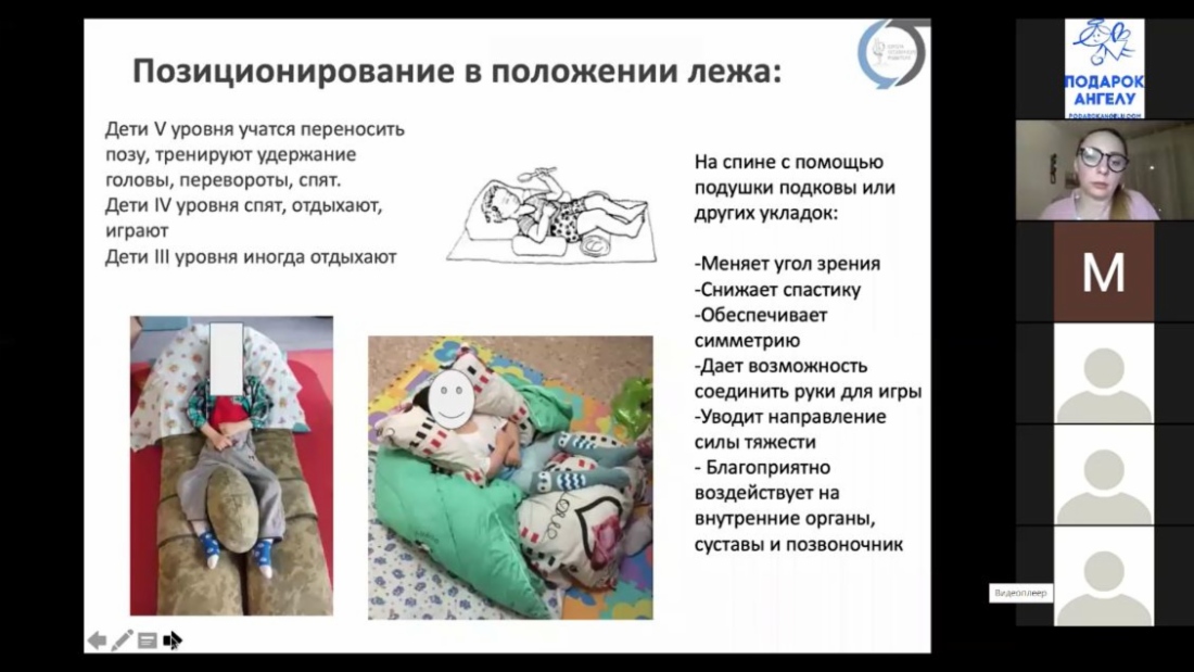 Занятие, посвященное правилам позиционирования, из серии «Эрготерапия. Повседневная жизнь, коммуникация и игра». Ведущая занятий: Диана Яцына, физический терапевт